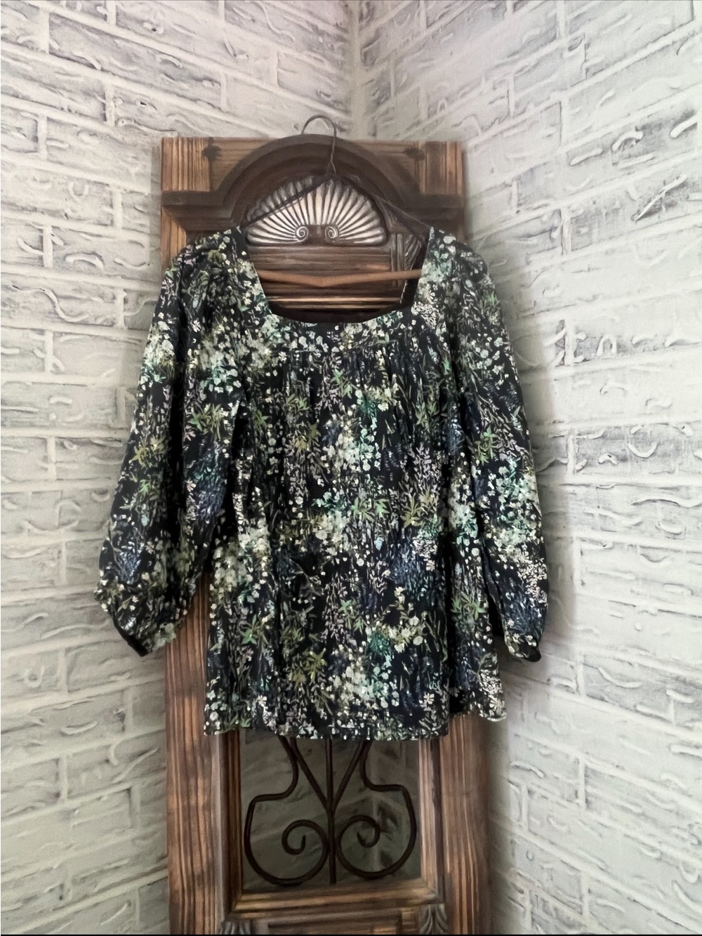 LC Lauren Conrad Black Floral Peasant Blouse with Green and Cream Accents